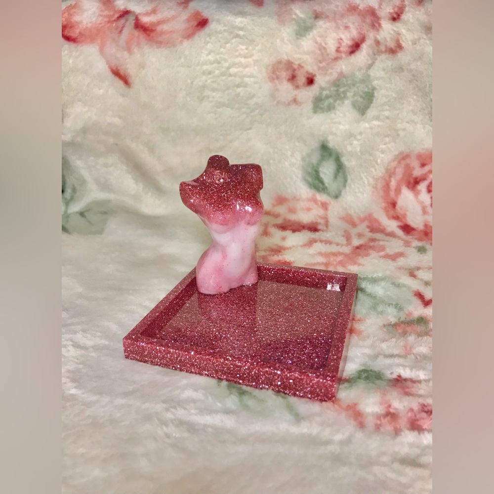 Handmade resin goddess jewelry tray in gemstone pink with sparkly glitter